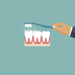 Brushing Teeth. Toothbrush hold in hand man. Dental care concept. Toothpaste bubbles foam. Oral hygiene. Illustration flat design. Isolated on background.