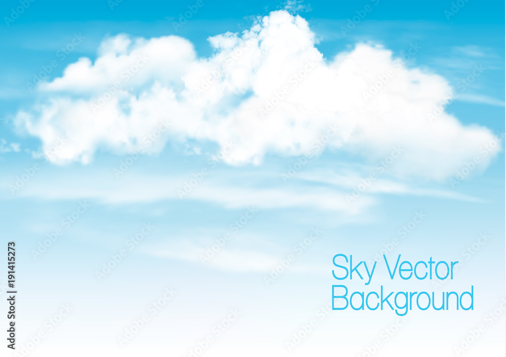 Poster blue sky background with white transparent clouds. vector background.