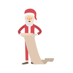santa claus caricature full body holding a gift list in paper with hat and costume on colorful silhouette vector illustration