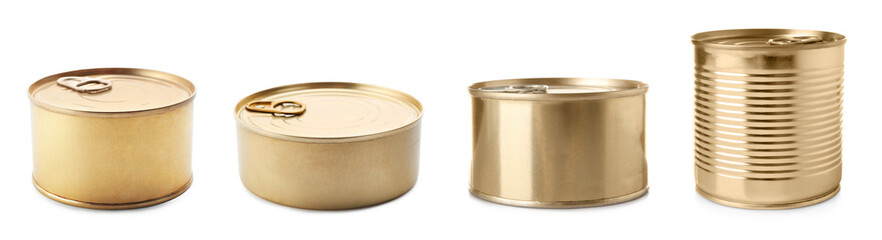 Set of different blank cans on white background