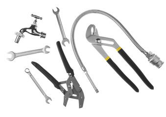 Plumber's items on white background