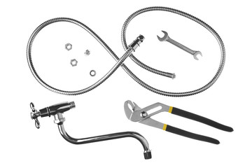 Plumber's items on white background