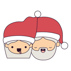 santa claus couple cartoon faces woman tongue out and man with eyes closed colorful silhouette on white background vector illustration