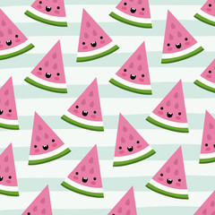 watermelon triangle slice kawaii fruits pattern set on decorative lines color background vector illustration