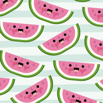 watermelon slice kawaii fruits pattern set on decorative lines color background vector illustration