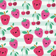 apple cherries and strawberries kawaii fruits pattern set with face expression on decorative lines color background vector illustration