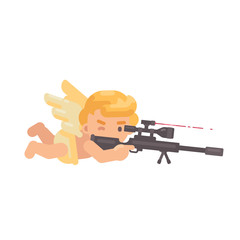Cute cupid lying down shooting a sniper rifle. Valentines Day flat character illustration