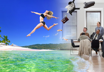 Collage, girl jumping from office to tropical beach