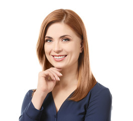 Portrait of beautiful smiling woman on white background