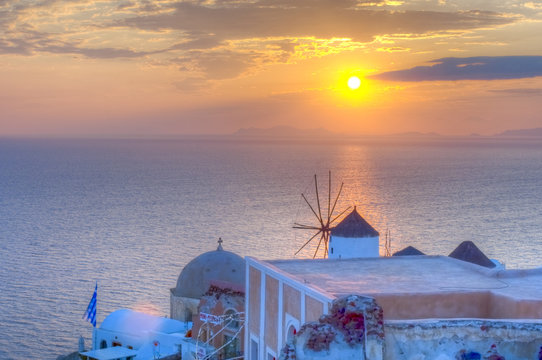 Sunset over Santorini, Greece Windmill