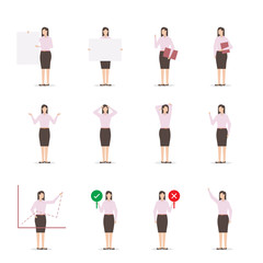 Office business woman character vector illustration in various poses flat design style for use in presentations