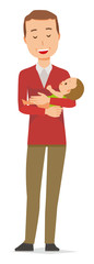 A middle-aged man wearing a sweater is hugging a baby