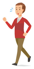 A middle-aged man wearing a sweater is running