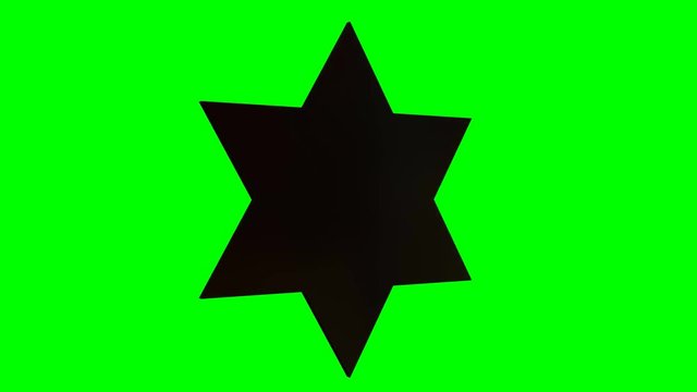 Animated spinning simple shinning solid black Jewish star with sharp edges against green background. Loop able and isolated.