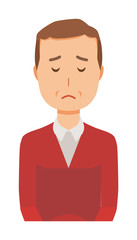 A middle-aged man wearing a sweater is apologizing