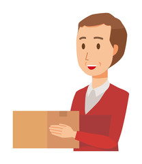 A middle-aged man wearing a sweater has a box