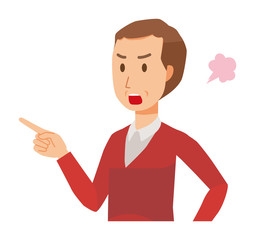 A middle-aged man wearing a sweater is angrily pointing to a finger
