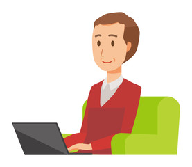 A middle-aged man wearing a sweater is sitting on a sofa and operating a laptop computer