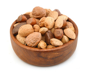 Mixed nuts selection of Brazil,almonds,waln ut and hazelnuts in wooden bowl