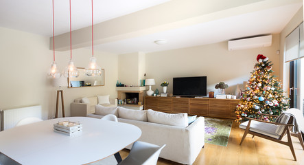 Dining - Living room with eiffel arm chairs and wooden cabinet.