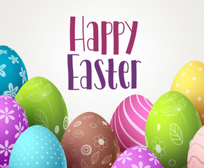 Happy easter vector background design with colorful eggs and white space for text. Greeting card template with elements and decorations for easter season. Vector illustration.
