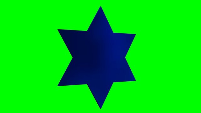 Animated spinning simple shinning solid blue Jewish star with sharp edges against green background. Loop able and isolated.