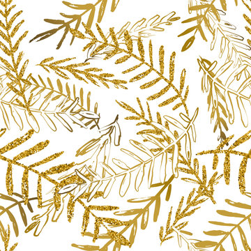Vector seamless tropical pattern with gold leaves. Golden and white palm leaf background. Trendy summer design for fashion textile print.