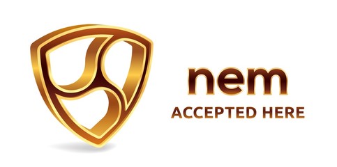 Nem accepted sign emblem. Crypto currency. 3D isometric golden Nem sign with text Accepted Here. Block chain. Stock vector illustration.