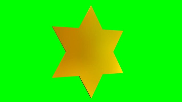 Animated spinning simple shinning solid gold Jewish star with sharp edges against green background. Loop able and isolated.