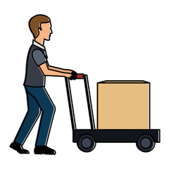 delivery worker with cart avatar character vector illustration design