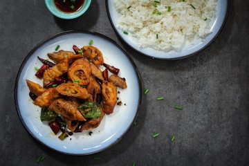 Fried pork Intestine sserved with Jasmin rice