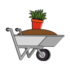 wheelbarrow with ground and pot vector illustration design