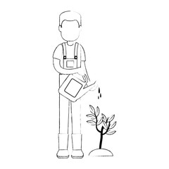 man gardener with sprinkler avatar character vector illustration design