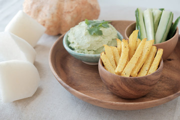 Baked Jicama fries with avocado dip, ketogenic food