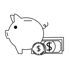 piggy savings with bills and coins vector illustration design