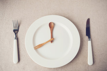 white plate with knife and fork, Intermittent fasting concept, ketogenic diet, weight loss