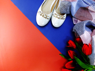 white ballet flat lady shoes on yellow and blue background