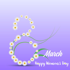 8 March. Happy Women's day greeting card with chamomile and handwritten lettering text. Vector