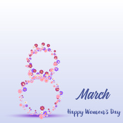 8 March. Happy Women's day greeting card with handwritten lettering pink text and flowers. Vector