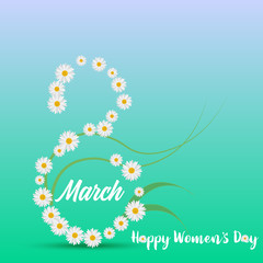 8 March. Happy Women's day greeting card with chamomile and handwritten lettering text. Vector