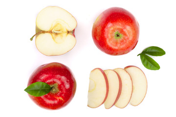 red apples with slices and leaves isolated on white background top view. Set or collection. Flat lay pattern