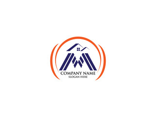 Initial logo M with house icon and blue color, business logo and property developer