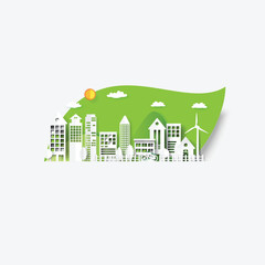 Eco city on green leaf background.Paper art of renewable energy ecology and environment conservation creative idea concept design.Vector illustration.