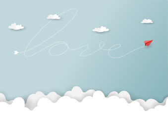 Paper art style of valentine's day greeting card and love concept.Origami red paper airplane flying in love shape.Vector illustration.