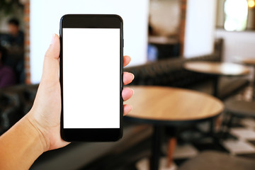 Close up of women's hands holding cell telephone blank copy space screen. smart phone with technology concept