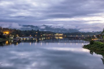 Scenic famous wooden mon bridge in sangkhlaburi