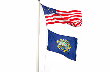 Waving New Hampshire state flag and USA national flag isolated on white background