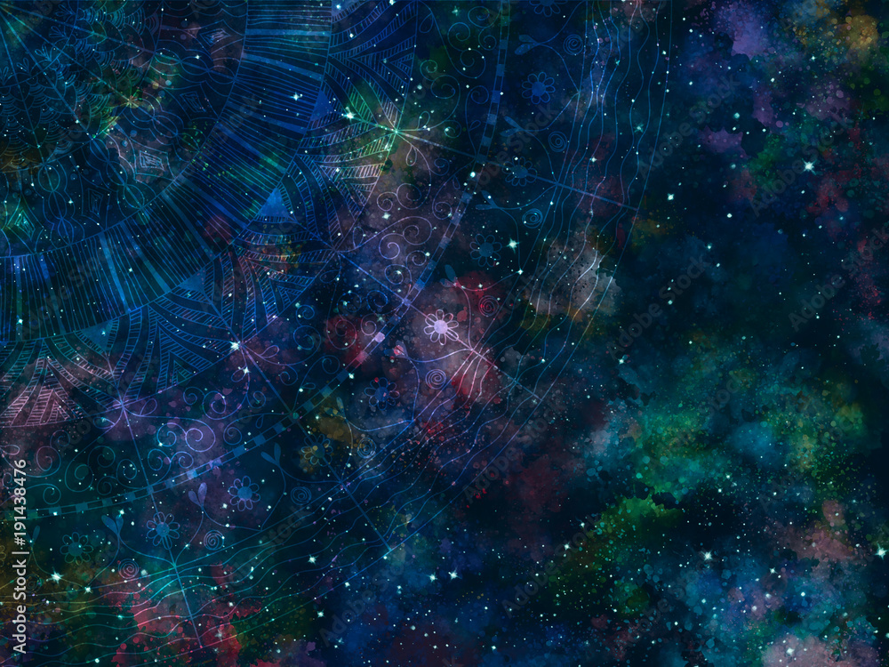 Canvas Prints abstract ancient geometrics with star field and colorful galaxy background, watercolor digital art p