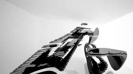 Abstract white and black parametric interior with window. 3D illustration and rendering.