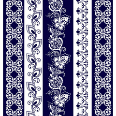 Set of Lace Bohemian Seamless Borders. Stripes with Blue Floral Motifs. Decorative ornament backdrop for fabric, textile, wrapping paper.
